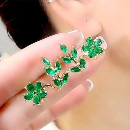 925 silver needle green flower earrings for women, Korean fashion jewelry with zircon leaf design, trending luxury stud earrings