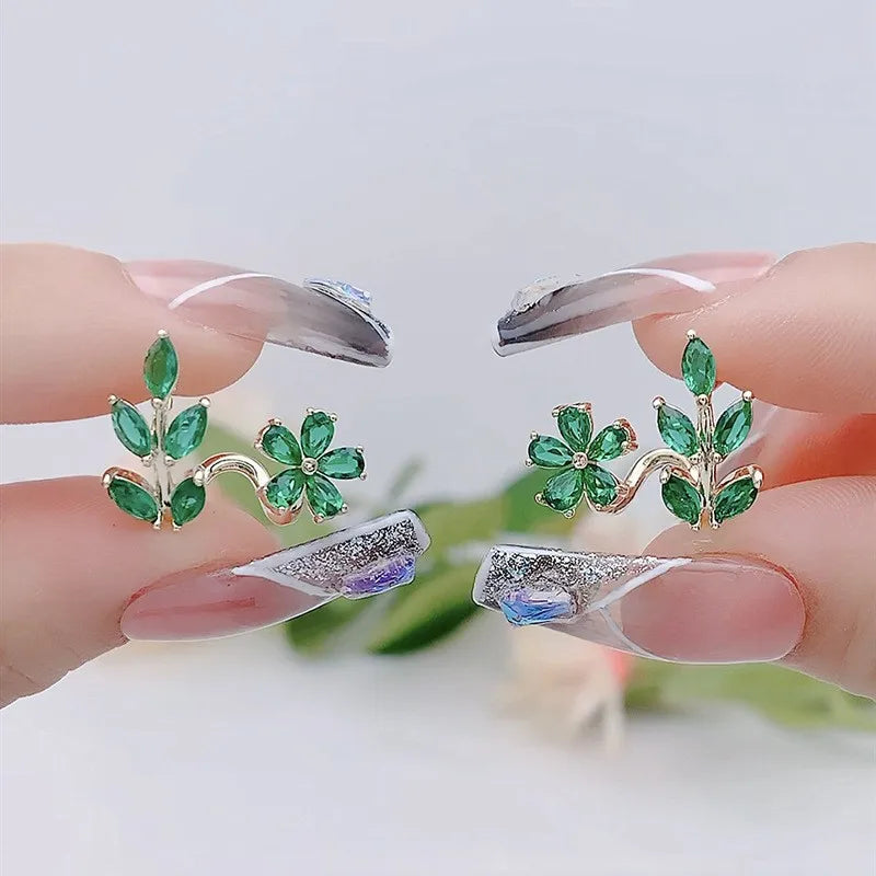 925 silver needle green flower earrings for women featuring zircon leaf design, Korean fashion jewelry, trendy stud earrings