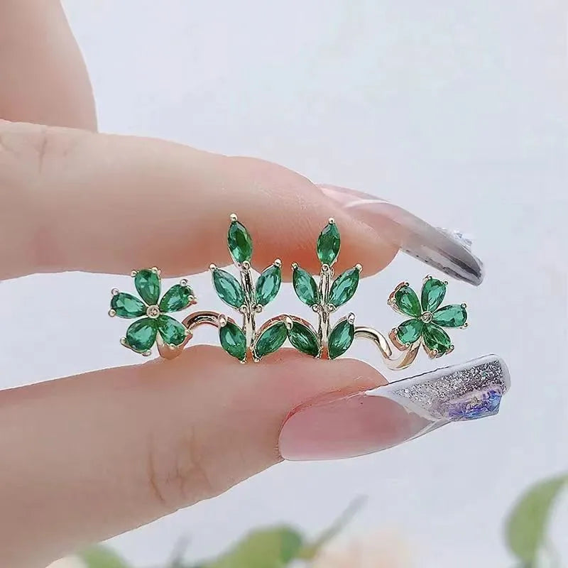 925 silver needle green flower earrings for women, Korean fashion jewelry with zircon leaf design, trendy stud earrings.