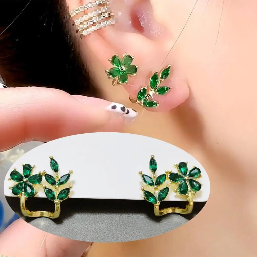 Silver needle green flower earrings for women, Korean fashion jewelry with zircon leaf design, stylish stud earrings.