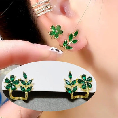 Silver needle green flower earrings for women, Korean fashion jewelry with zircon leaf design, stylish stud earrings.