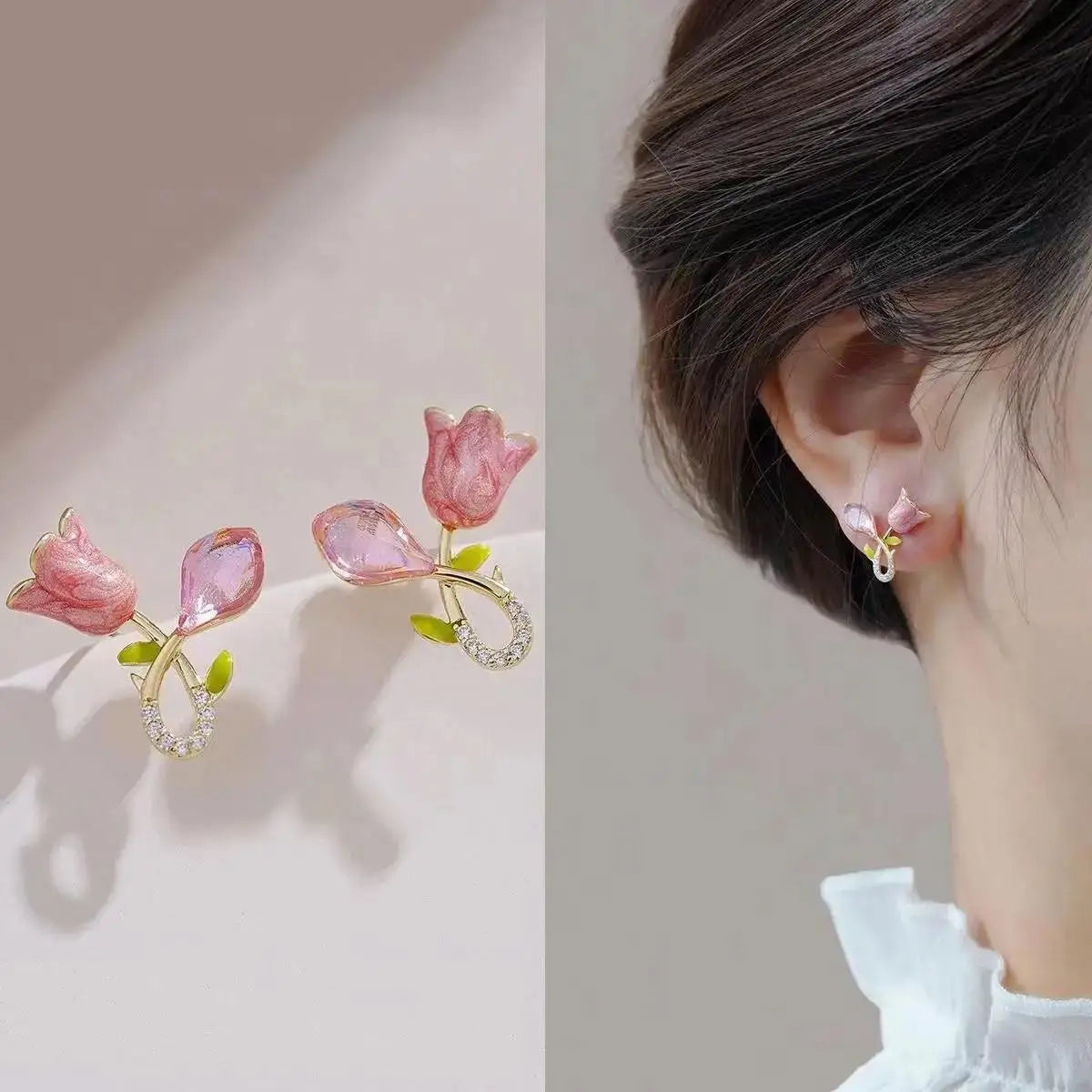 925 silver needle green flower earrings for women, Korean fashion jewelry with zircon leaf design, stylish women's stud earrings