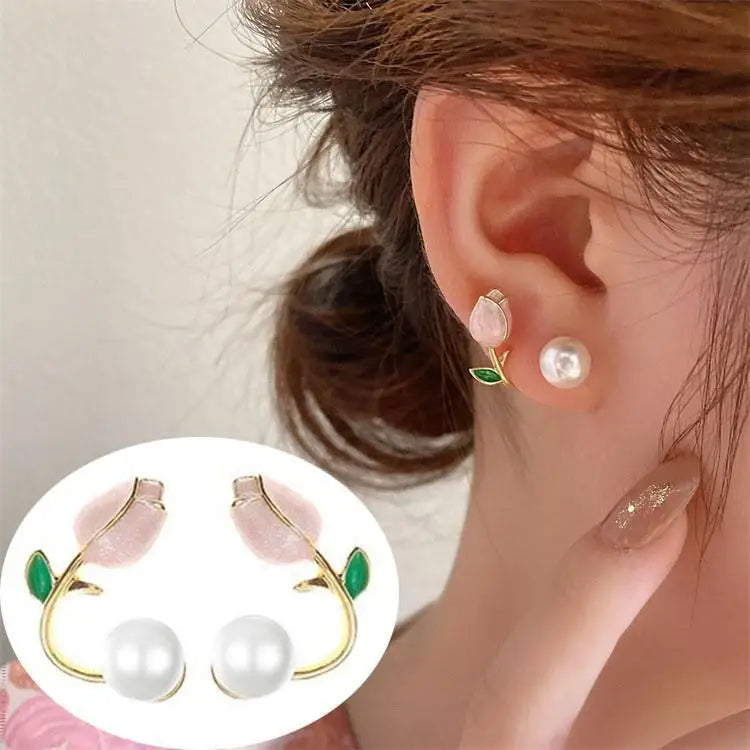 925 silver needle green flower earrings for women, Korean fashion jewelry with zircon leaf design, stylish stud earrings.