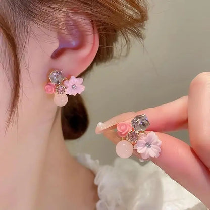 925 silver needle green flower earrings for women with zircon leaf design, Korean fashion jewelry, trending luxury stud earrings