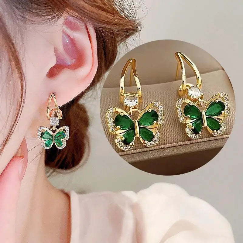 925 silver needle green flower earrings for women featuring zircon accents, Korean fashion jewelry, leaf design, stud style.
