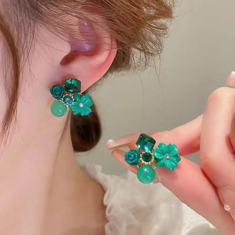 925 silver needle green flower earrings for women, Korean fashion jewelry with zircon leaf design, trending luxury stud earrings.