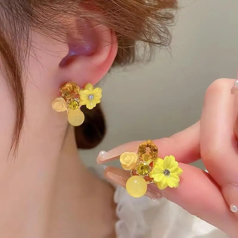 925 silver needle green flower stud earrings for women featuring zircon leaf design, Korean fashion jewelry, trendy luxury style
