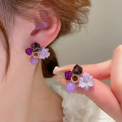 925 silver needle green flower earrings for women, Korean fashion jewelry with zircon leaf design and elegant stud style