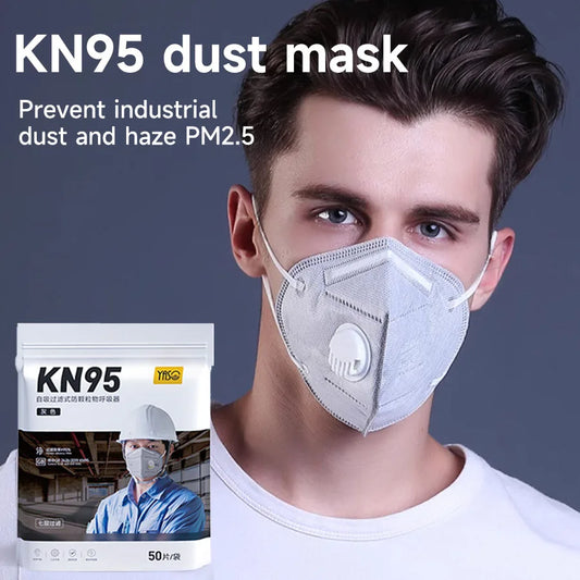 Disposable KN95 face mask with face shield, breathing valve, 7-layer protection for dust, haze, fumes, and formaldehyde.