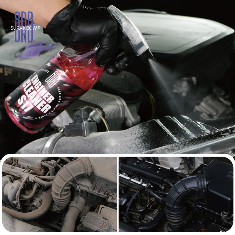 BackupMyFilesNow® engine bay cleaner removing grease, oil, and grime from car engine components with powerful decontamination action.
