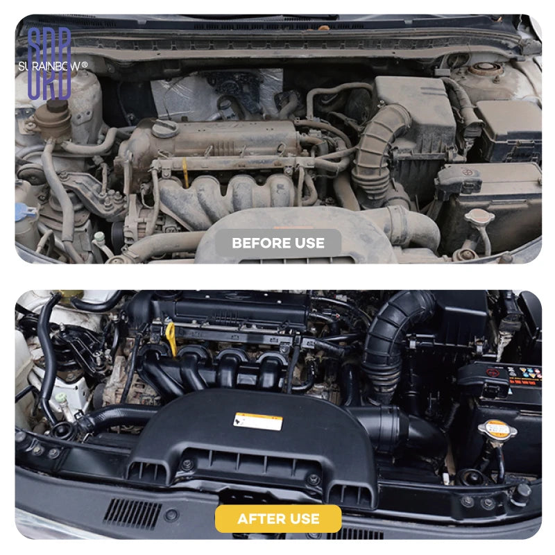 BACKUPMYFILESNOW® 300ml engine bay cleaner removing oil, dust, grease, and grime from automotive engine components.