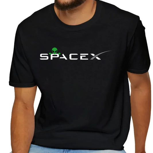 Black SpaceX Aliens men's T-shirt featuring space exploration, alien design, high-quality cotton, Mars and Roswell science theme.