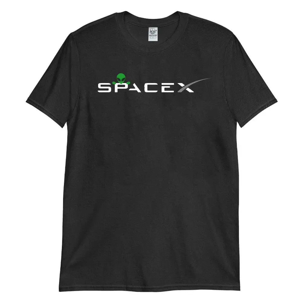 Black SpaceX Aliens men's T-shirt featuring a space exploration alien design on high-quality cotton fabric.