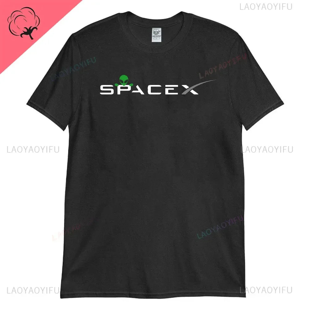 Black men's SpaceX Aliens T-shirt featuring a space exploration alien design, high-quality cotton fabric with Mars and Roswell science theme.