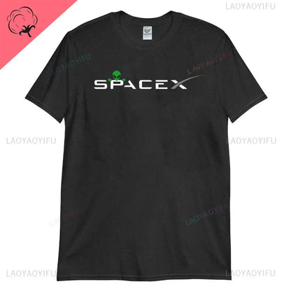 Black men's SpaceX Aliens T-shirt featuring a space exploration alien design, high-quality cotton fabric with Mars and Roswell science theme.