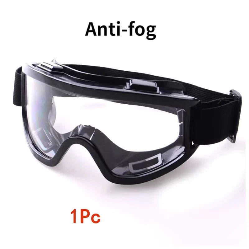 Clear antifog safety goggles by BACKUPMYFILESNOW.COM® with anti-splash, wind-proof lenses for industrial, lab, cycling, and riding use.