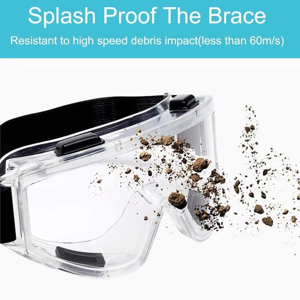 Clear safety antifog protective goggles by BACKUPMYFILESNOW.COM® with anti-splash, wind-proof design for industrial, lab, or cycling use.