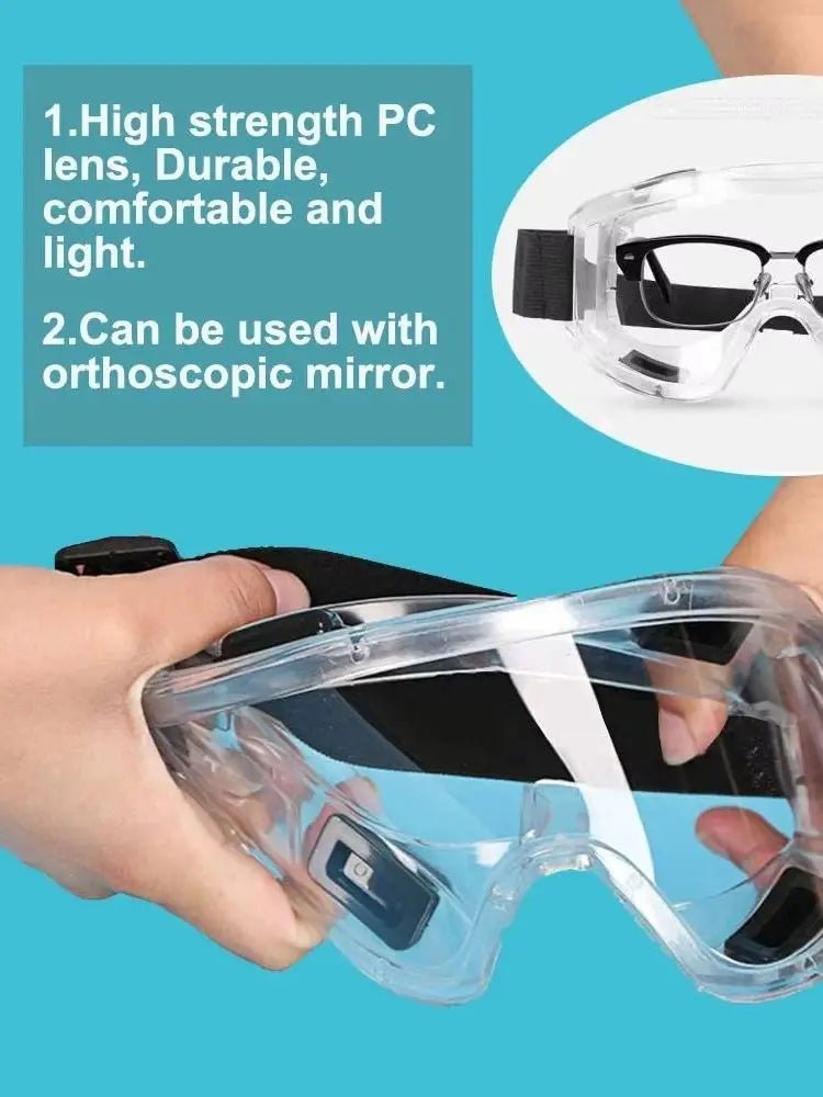 Clear antifog safety goggles by BACKUPMYFILESNOW.COM® with anti-splash, wind-proof design for industrial, lab, cycling, and riding use.