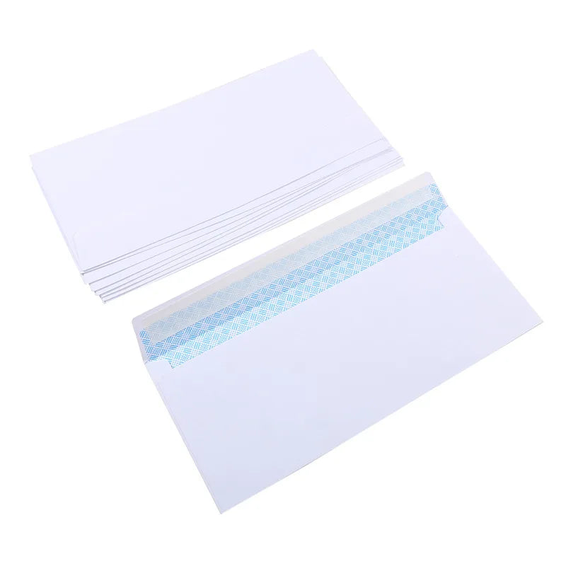 Set of white windowless business envelopes from BackupMyFilesNow.com, secure self-sealing envelopes for A4 papers, invoices, and bills