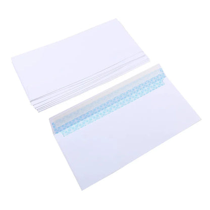 Set of white windowless business envelopes from BackupMyFilesNow.com, self-sealing, suitable for A4 bills and invoices.