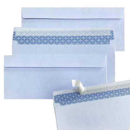Set of white, windowless business envelopes by BackupMyFilesNow, self-sealing, suitable for A4 paper, bills, and invoices.