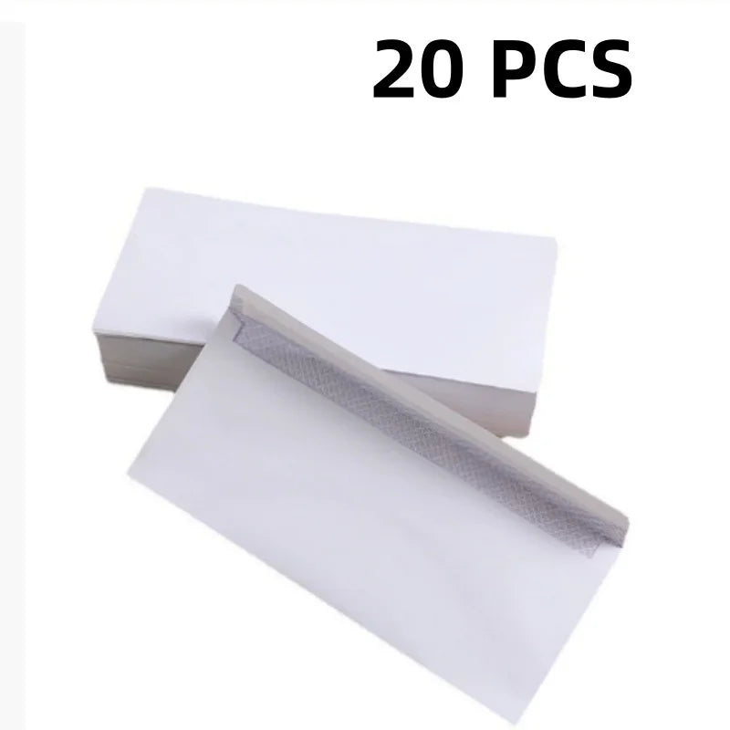 Set of white windowless business envelopes in various quantities, self-sealing, can hold A4 papers, ideal for invoices and bills.