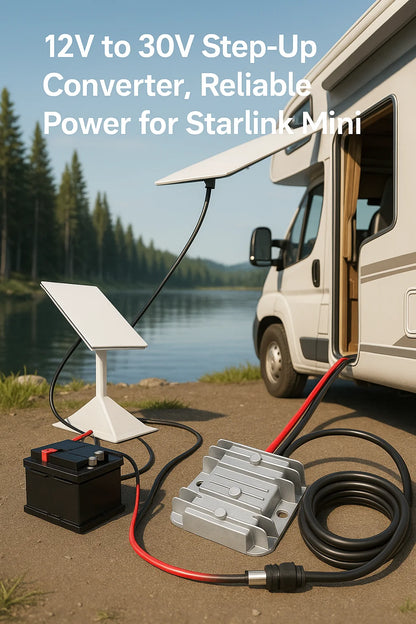 Starlink Mini Step Up Power Cable by BACKUPMYFILESNOW.COM, 12V/24V to 30V converter with DC power cable, 3.5A output.