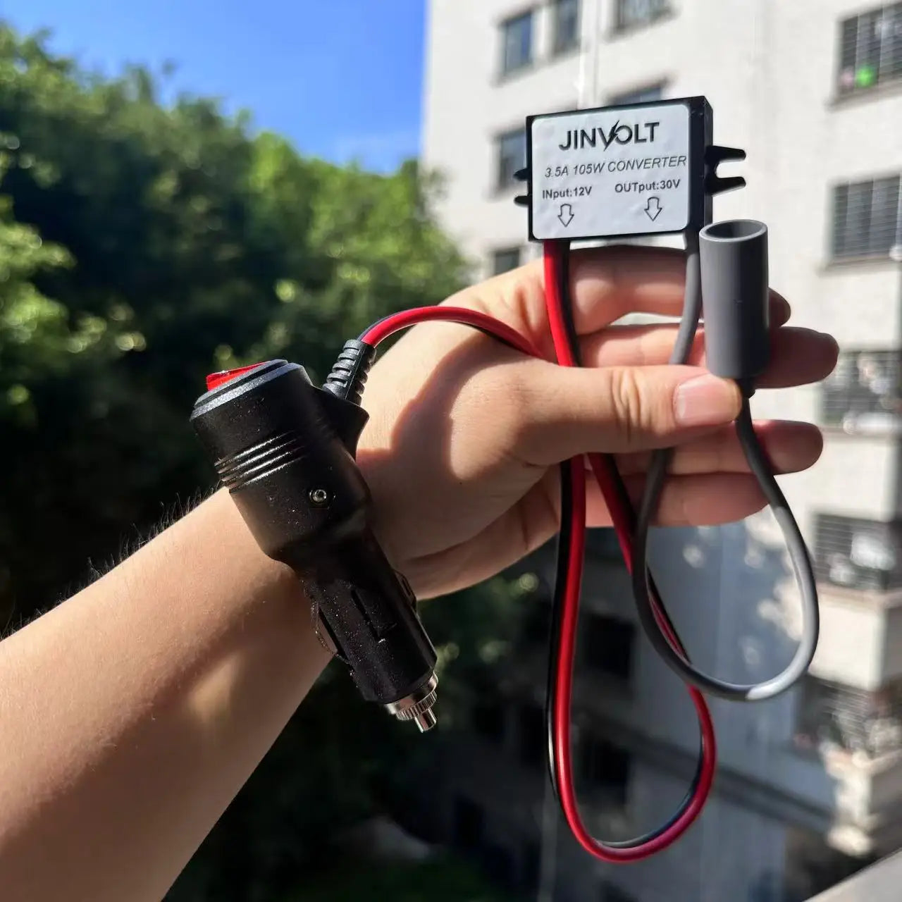 BackupMyFilesNow Starlink mini step-up power cable converting 12V/24V to 30V with DC power input and 3.5A output.