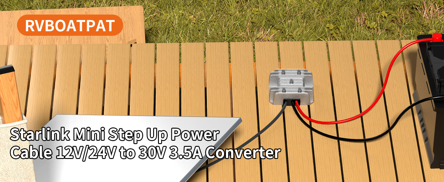 Starlink Mini 12V DC step-up converter with power cord, 9-28V input, 30V 3.5A output for Starlink Mini power setup.