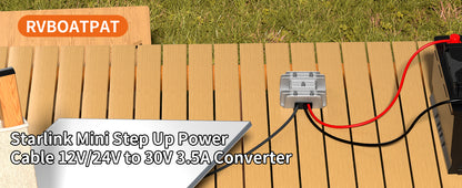 Starlink Mini 12V DC step-up converter with power cord, 9-28V input, 30V 3.5A output for Starlink Mini power setup.