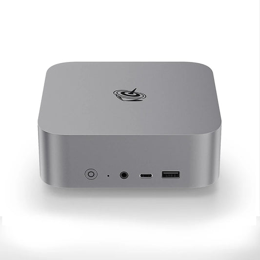 Gray SER8 gaming mini PC with AMD 7 8845HS, 32GB RAM, 1TB SSD, 2TB NVMe, supports 4K gaming and triple monitor display.