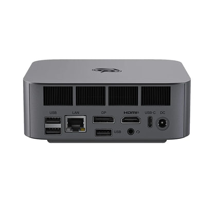 Gray SER8 Gaming Mini PC with AMD Ryzen 7, 32GB RAM, 1TB SSD, triple 4K 144Hz display, compact desktop computer.