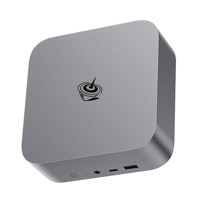Gray SER8 gaming mini PC with AMD 7 8845HS, 32GB RAM, 1TB SSD, 2TB NVMe, 4K 144Hz triple screen display.