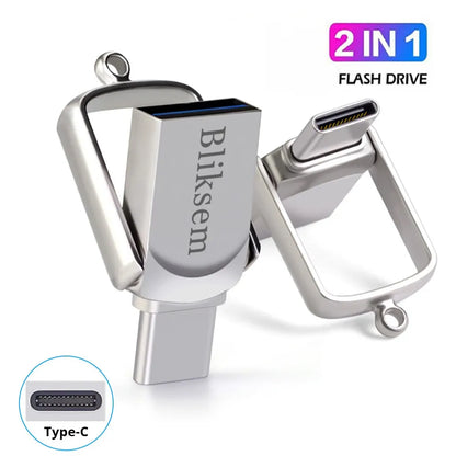 Bliksem 2-in-1 USB Flash Drive by BackupMyFilesNow.com, available in 32GB, 64GB, and 128GB, featuring Type-C and USB 2.0 ports.