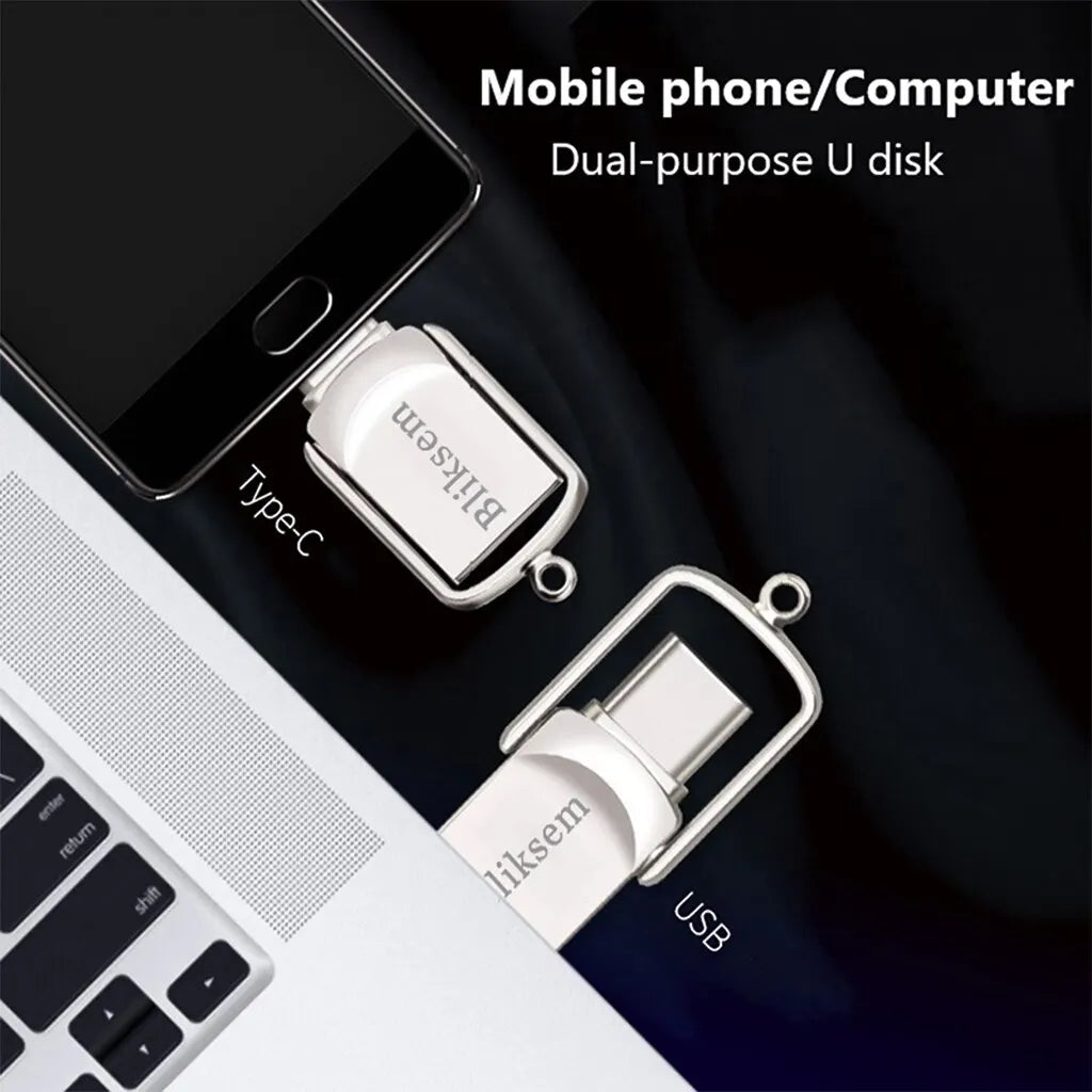 Bliksem 2-in-1 USB flash drive by BackupMyFilesNow with 32GB, 64GB, or 128GB capacity, featuring Type-C and USB 2.0 ports.