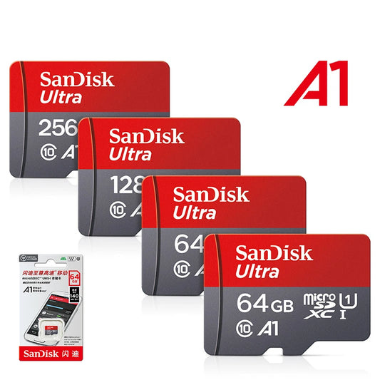 SanDisk A1 microSD memory card in 32GB, 64GB, 128GB, 256GB, or 512GB with Class 10 UHS-I for smartphones.