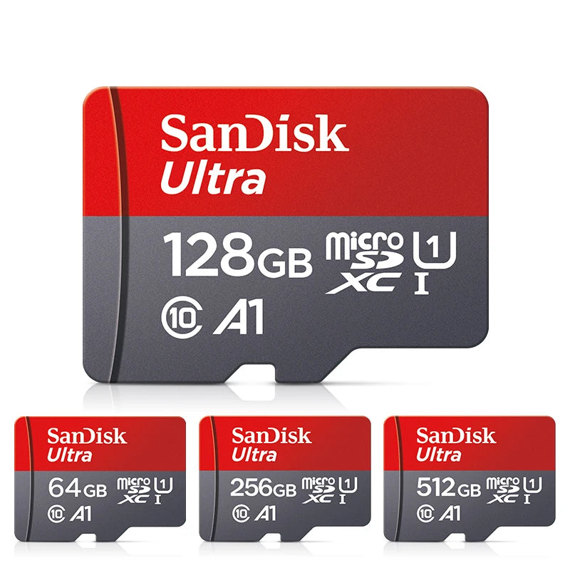 SanDisk A1 microSD card in 32GB, 64GB, 128GB, 256GB, or 512GB with Class 10 UHS-1 for smartphones and devices.