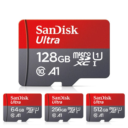SanDisk A1 microSD card in 32GB, 64GB, 128GB, 256GB, or 512GB with Class 10 UHS-1 for smartphones and devices.