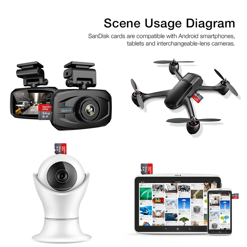 SanDisk A1 32GB to 512GB micro SD card with Class 10 UHS-1 speed for smartphones and device storage.
