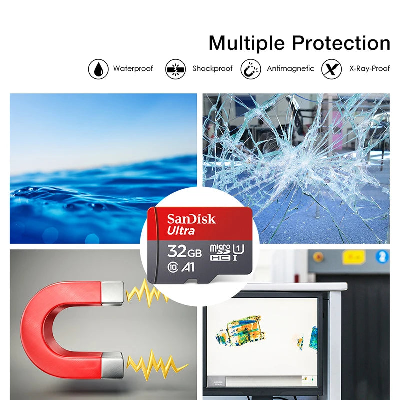 SanDisk A1 microSD memory card in various capacities, Class 10 UHS-1 flash card for smartphones, shown in multiple sizes.