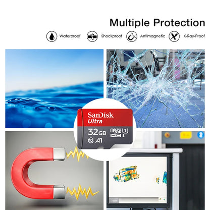 SanDisk A1 microSD memory card in various capacities, Class 10 UHS-1 flash card for smartphones, shown in multiple sizes.