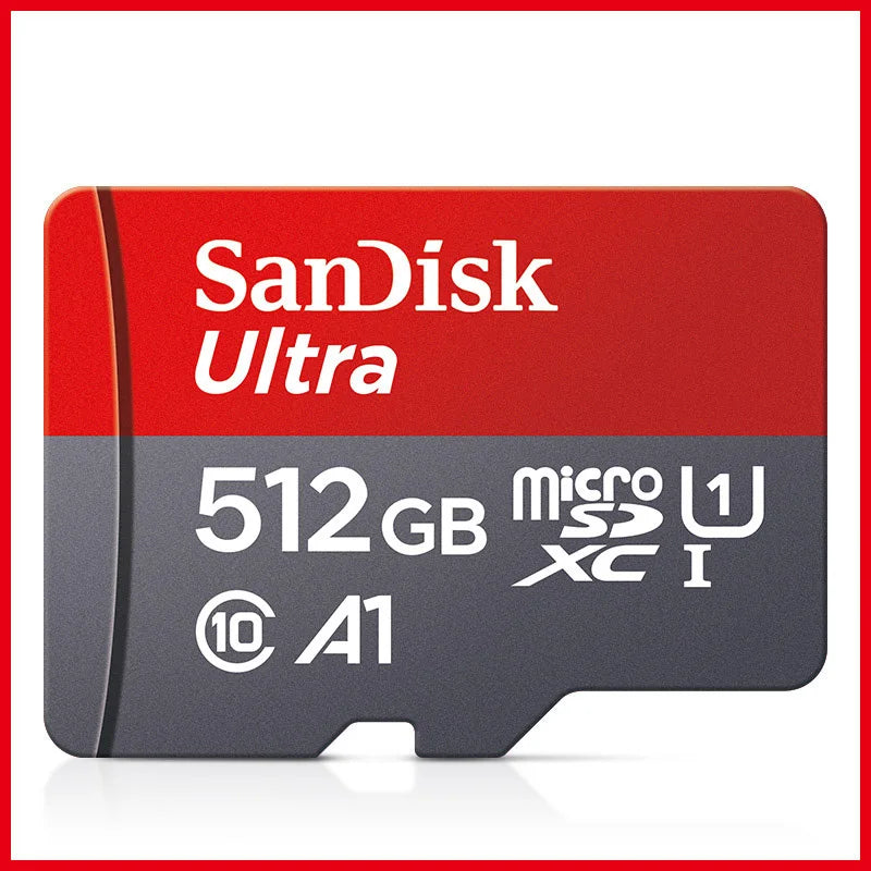 SanDisk A1 Micro SD card in 32GB, 64GB, 128GB, 256GB, or 512GB with Class 10 UHS-1 speed for smartphones.