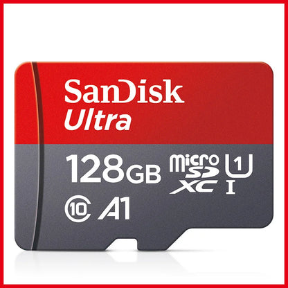 SanDisk A1 micro SD card in various capacities (32GB to 512GB) with Class 10 UHS-I speed for smartphones and data storage.