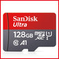 SanDisk A1 micro SD card in various capacities (32GB to 512GB) with Class 10 UHS-I speed for smartphones and data storage.