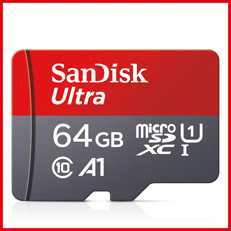 SanDisk A1 microSD card in various storage sizes, Class 10 UHS-1 flash memory card for smartphones and devices.