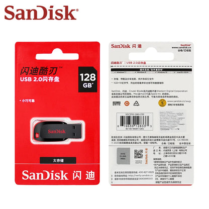 SanDisk CZ50 USB 2.0 flash drive in 16GB, 32GB, 64GB, or 128GB with compact key design for PC data storage