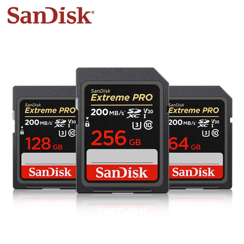SanDisk V30 SD card for cameras, UHS-I U3 C10 flash memory, available in 32GB, 64GB, 128GB, 256GB, with up to 200MB/s transfer speed.