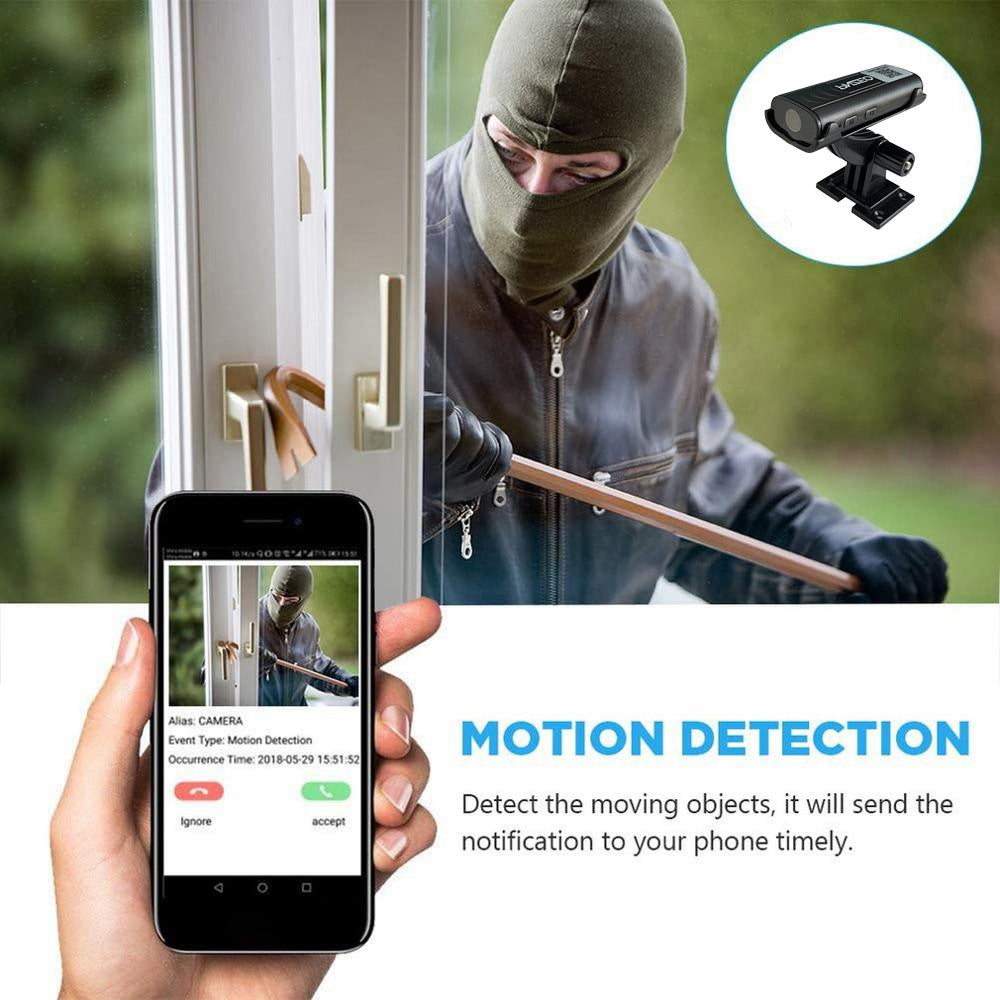 A7 HD WiFi indoor security camera with night vision, shown with a 32GB memory card for BackupMyFilesNow.com.