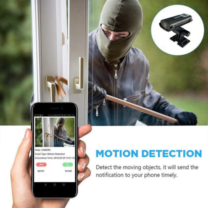 A7 HD WiFi indoor security camera with night vision, shown with a 32GB memory card for BackupMyFilesNow.com.