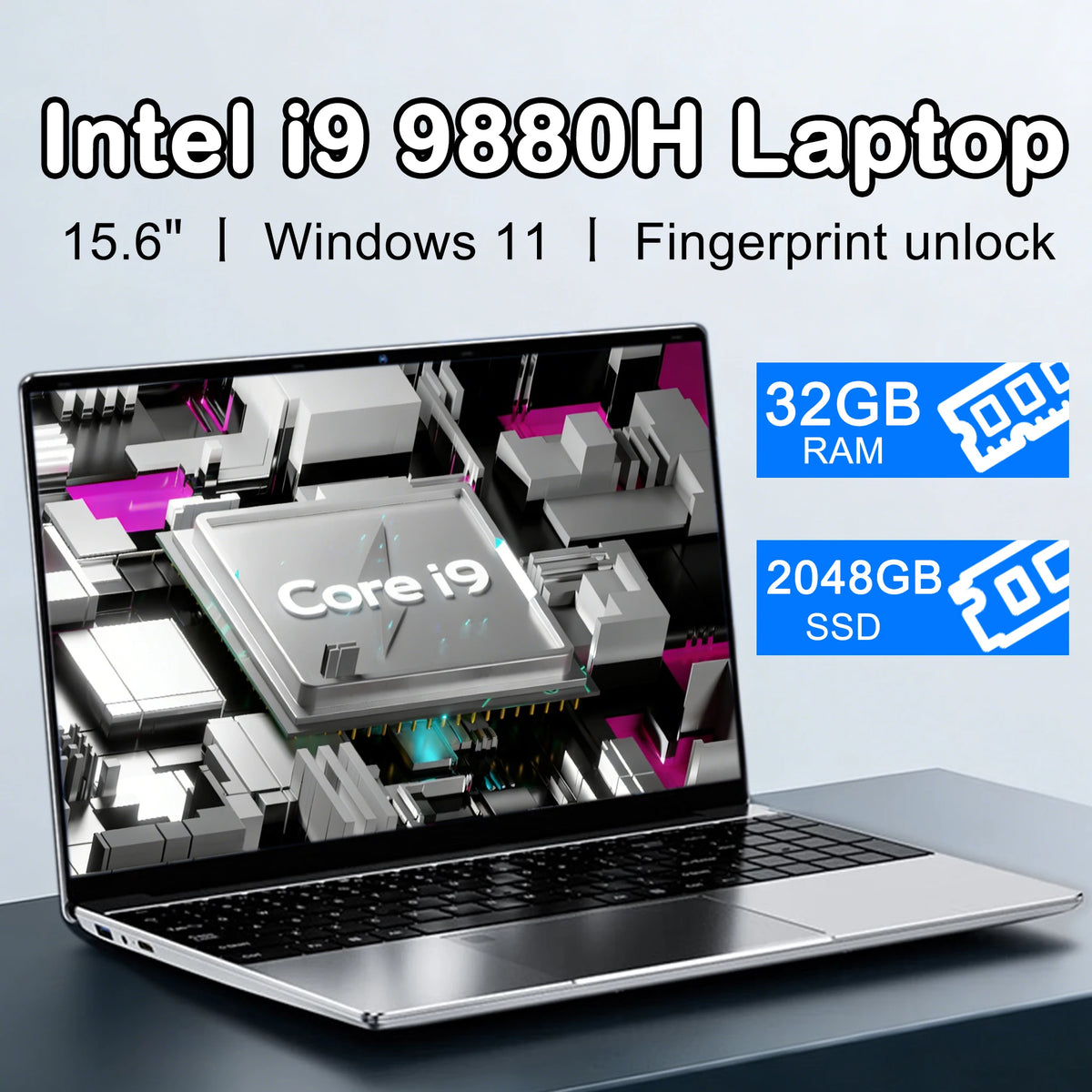 15.6-inch BackupMyFilesNow.com gaming laptop with Intel Core i9, 32GB RAM, 2TB SSD, ultra-slim design, Windows 11, open on desk.